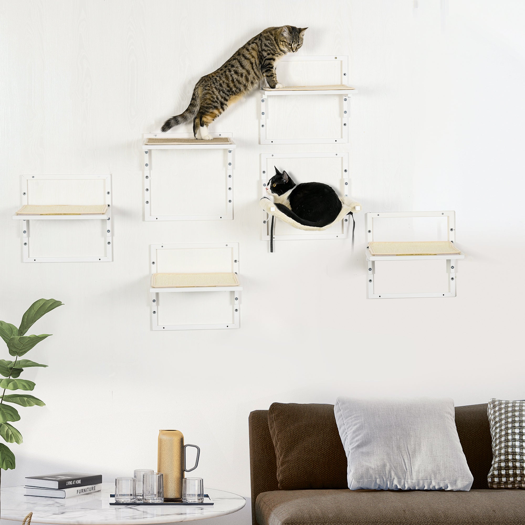 PawHut 6PCs Modern Cat Wall Shelves, Steel Wall-mounted Climbing Shelf Set, Height Adjustable Kitten Activity Center with Jumping Platform, Cream