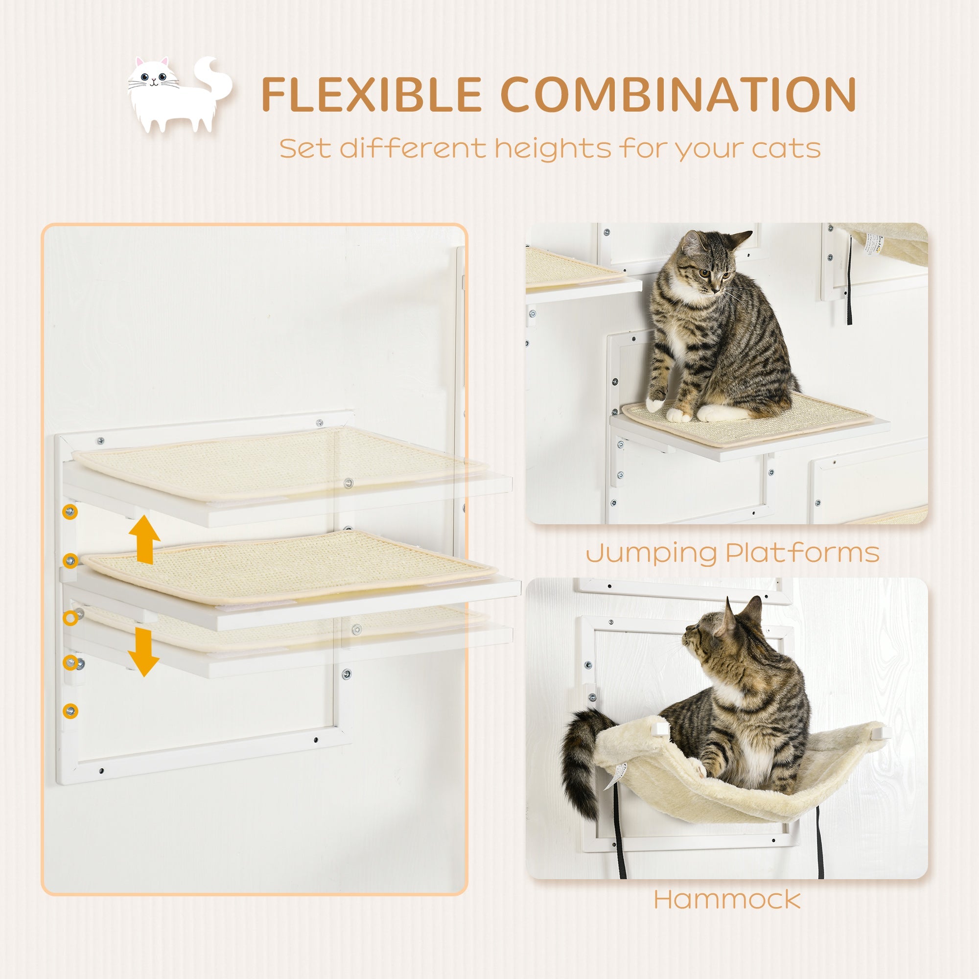 PawHut 6PCs Modern Cat Wall Shelves, Steel Wall-mounted Climbing Shelf Set, Height Adjustable Kitten Activity Center with Jumping Platform, Cream