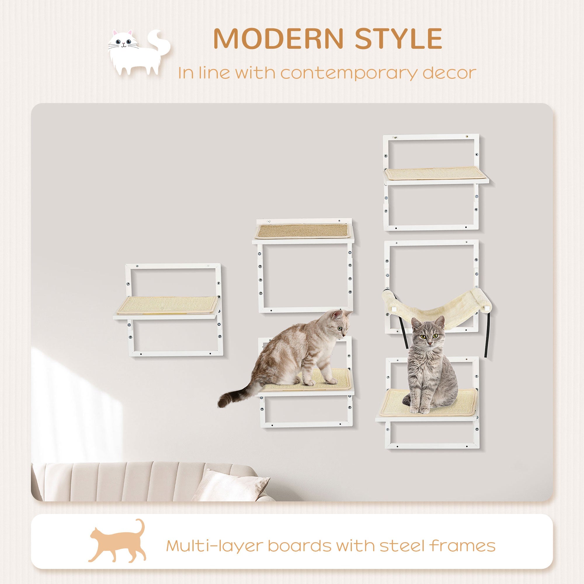 PawHut 6PCs Modern Cat Wall Shelves, Steel Wall-mounted Climbing Shelf Set, Height Adjustable Kitten Activity Center with Jumping Platform, Cream