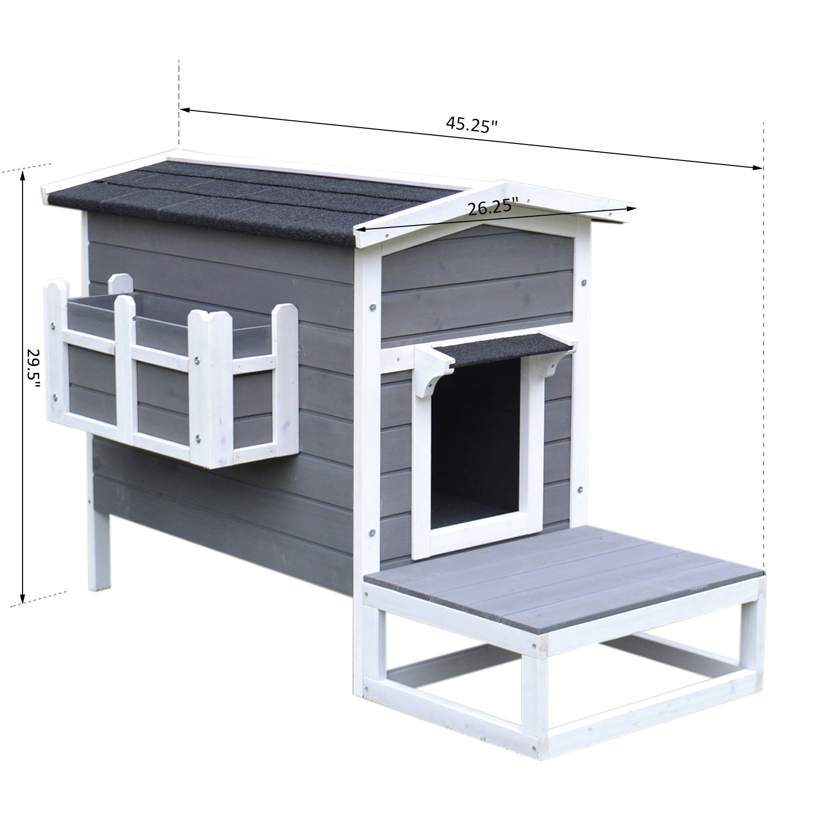 PawHut Cat House Feral Cat Shelter, Outdoor Kitten Condo with Escape Door, Porch & Flower Stand for Indoor Outdoor, Dark Grey/White