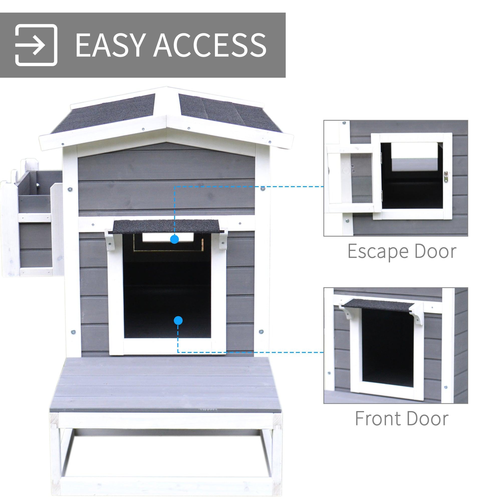 PawHut Cat House Feral Cat Shelter, Outdoor Kitten Condo with Escape Door, Porch & Flower Stand for Indoor Outdoor, Dark Grey/White