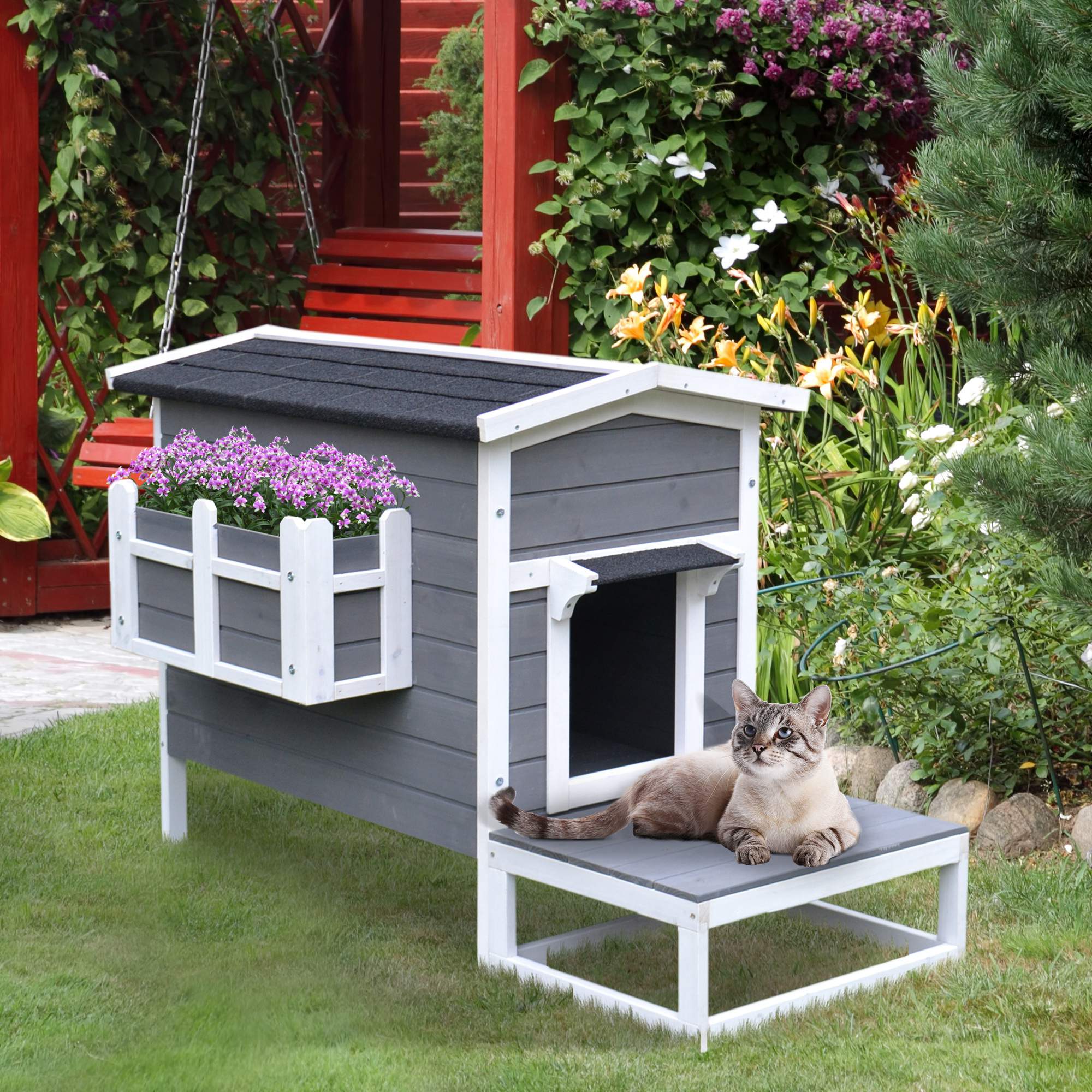 PawHut Cat House Feral Cat Shelter, Outdoor Kitten Condo with Escape Door, Porch & Flower Stand for Indoor Outdoor, Dark Grey/White