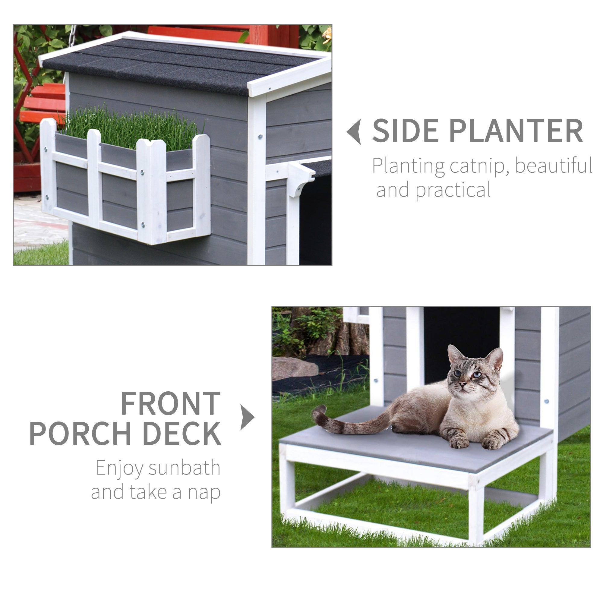 PawHut Cat House Feral Cat Shelter, Outdoor Kitten Condo with Escape Door, Porch & Flower Stand for Indoor Outdoor, Dark Grey/White