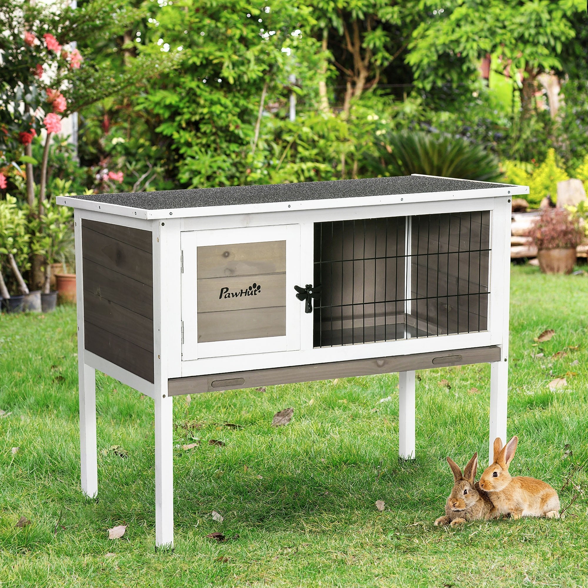 PawHut Elevated Rabbit Hutch Bunny Hutch with Hinged Asphalt Roof, Removable Tray, Fir Wood Bunny Cage for Indoor/Outdoor, Brown