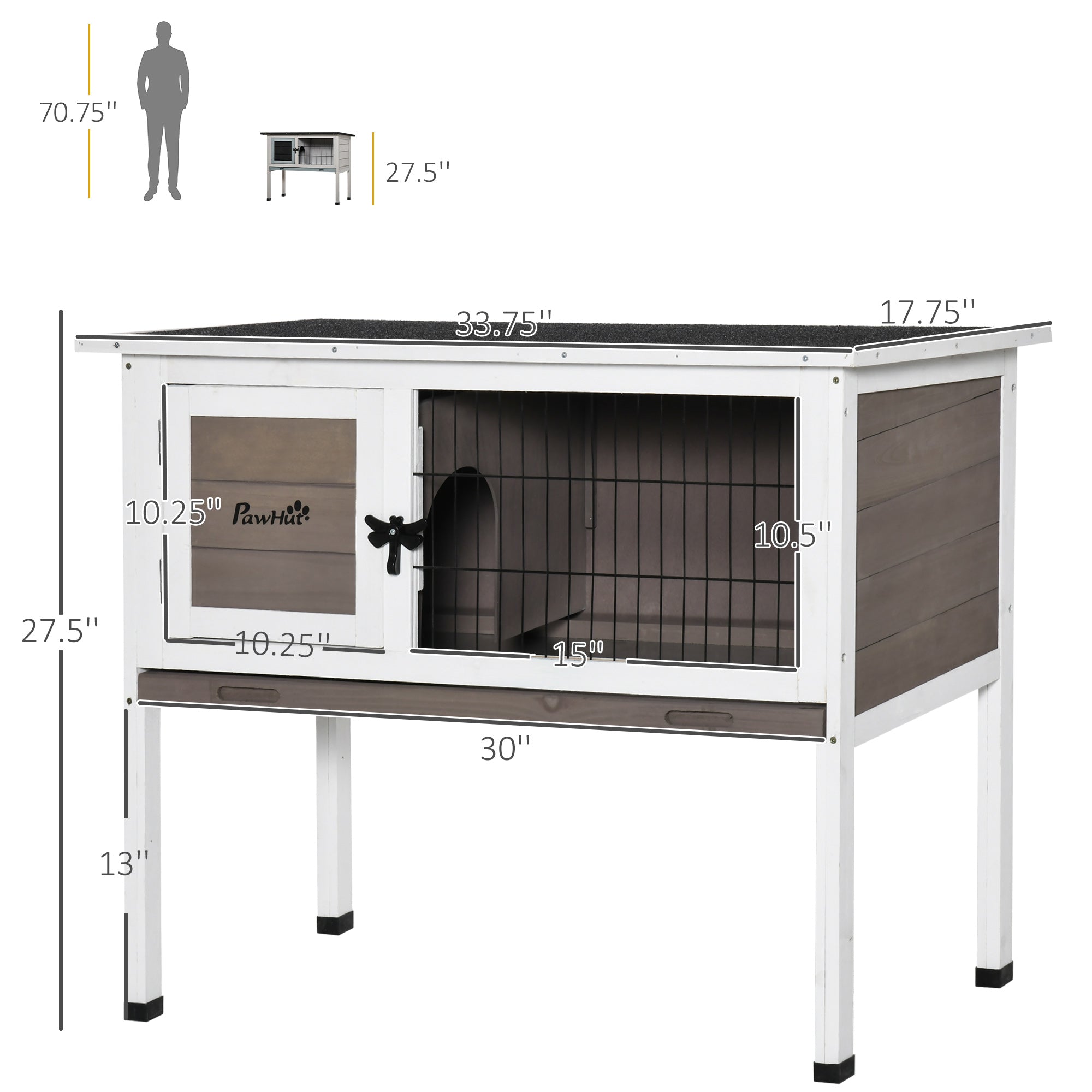 PawHut Elevated Rabbit Hutch Bunny Hutch with Hinged Asphalt Roof, Removable Tray, Fir Wood Bunny Cage for Indoor/Outdoor, Brown