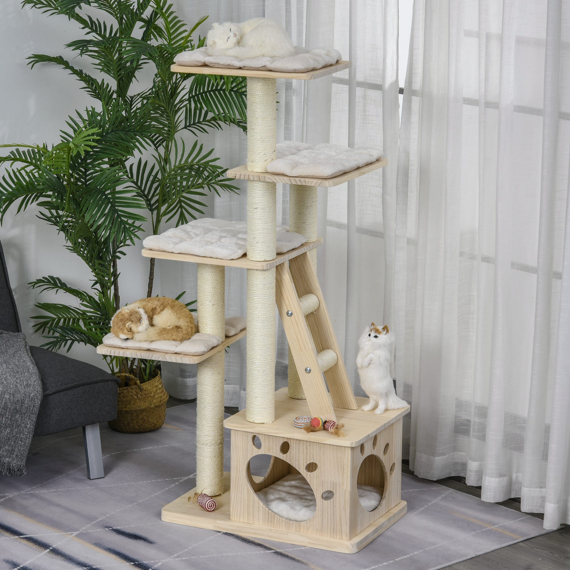 PawHut Multi-Level Cat Tree Pet Condo Furniture with Sisal-Covered Scratching Posts Activity Center w/ Soft Cushion Luxury Cat Tower Natural