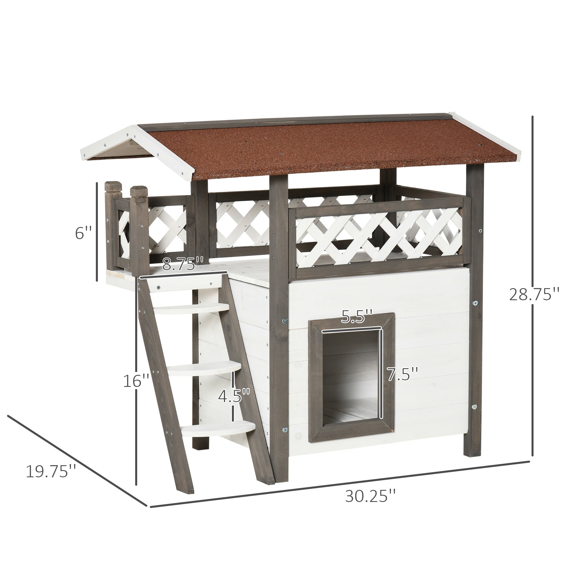 PawHut Outdoor Cat House, 2-Story Shelter for Feral Cats, Wooden Kitten Condo with Asphalt Roof, Stairs, Balcony, 30