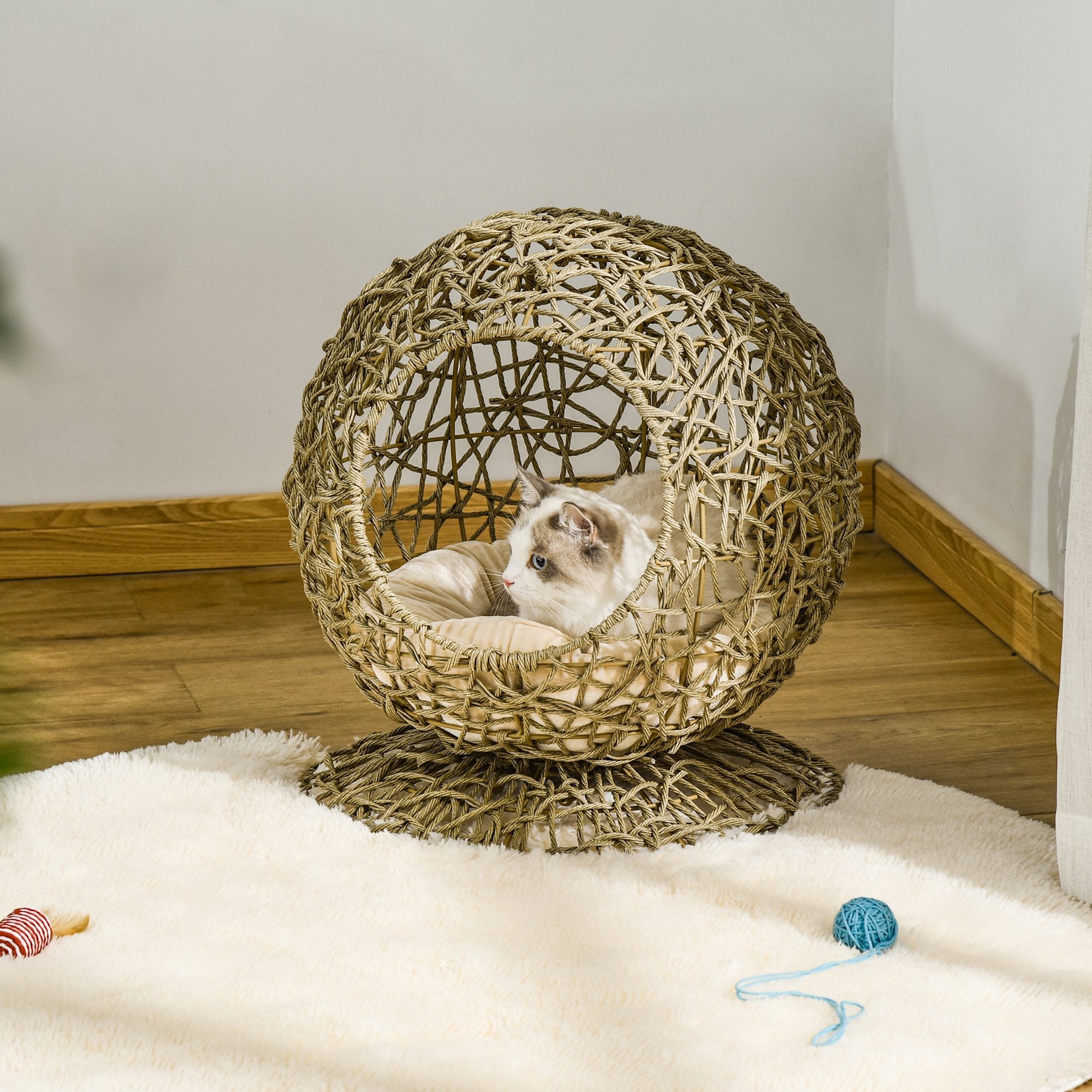 PawHut Wicker Cat Bed Elevated Rattan Kitten Basket Pet Den. House Cozy Cave with Soft Cushion Brown