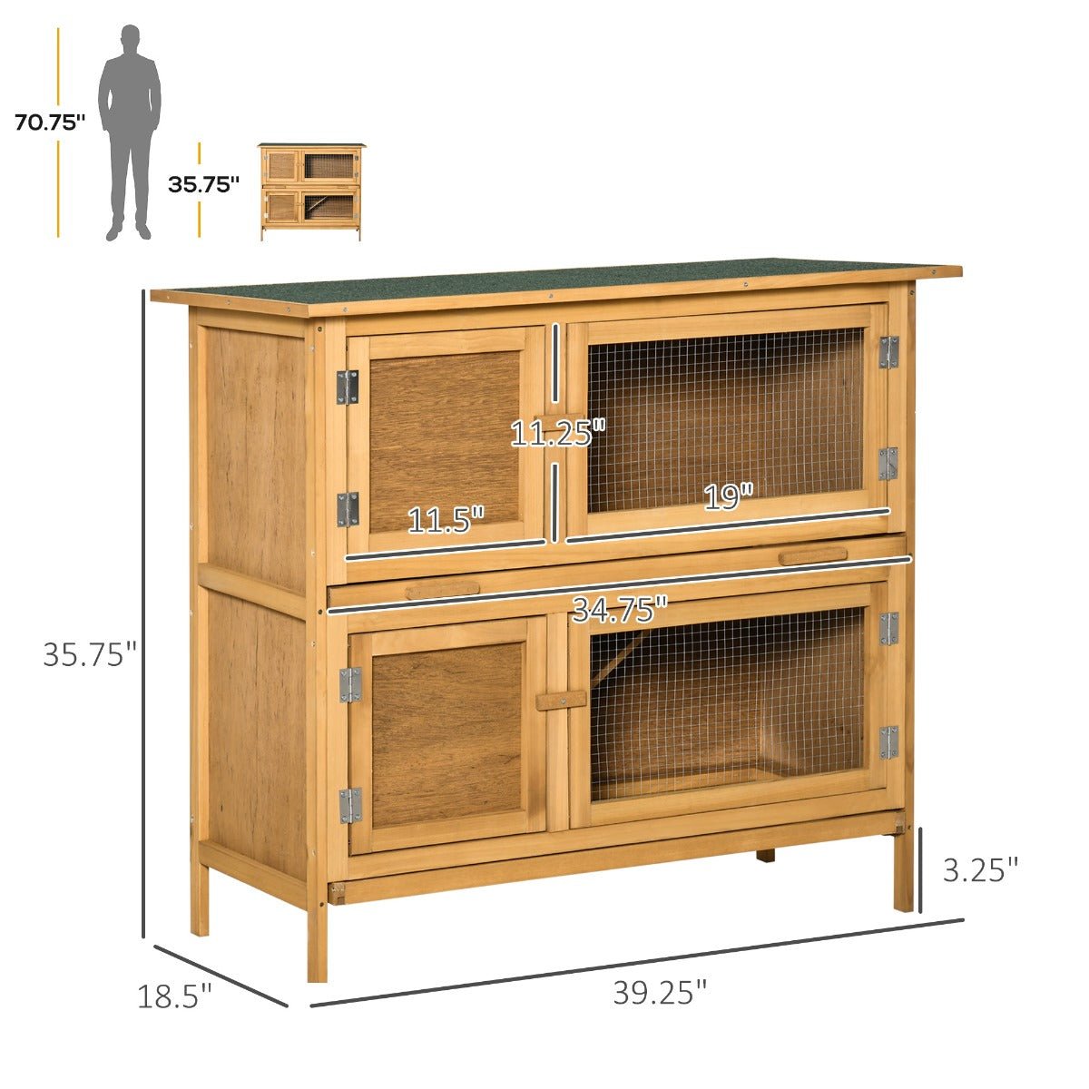 PawHut Wooden Bunny Hutch Rabbit Hutch, Small Animals Habitat with Ramp, Removable Tray and Weatherproof Roof, Indoor/Outdoor, Yellow