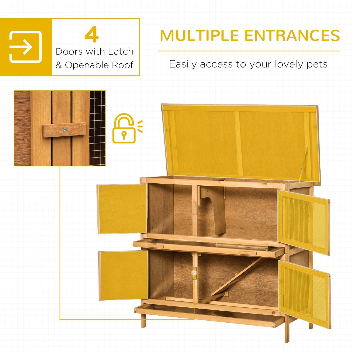 PawHut Wooden Bunny Hutch Rabbit Hutch, Small Animals Habitat with Ramp, Removable Tray and Weatherproof Roof, Indoor/Outdoor, Yellow