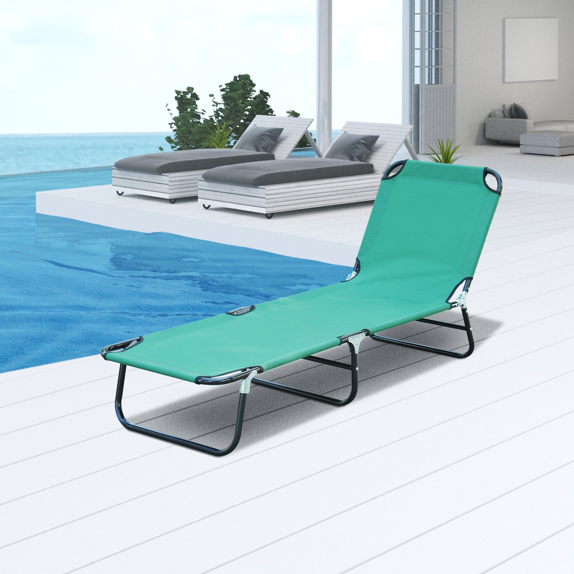 Portable Outdoor Patio Lounge Chair, Lightweight Folding Sun Chaise Lounger w/ 5-Position Adjustable Backrest for Beach, Poolside, Green