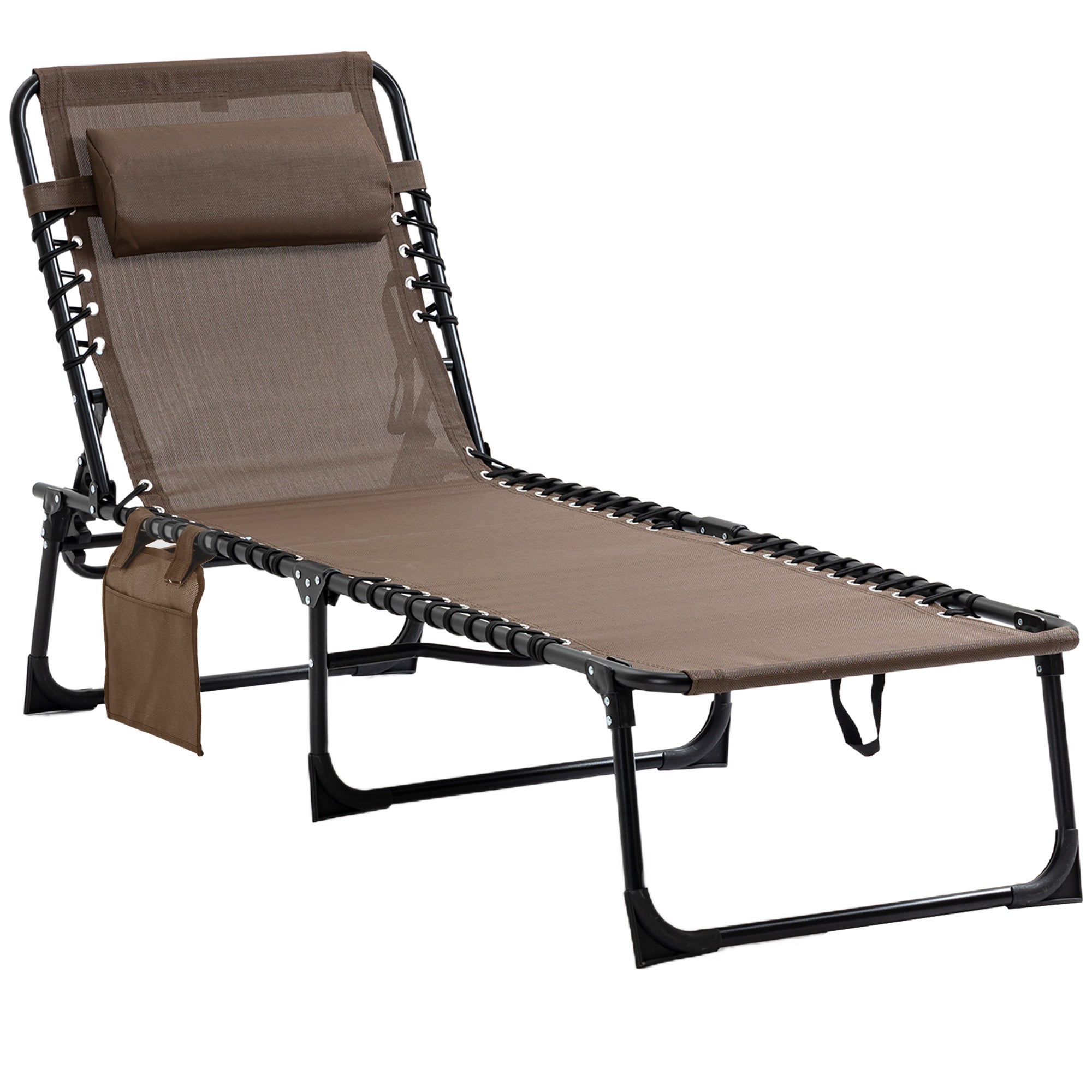 Reclining Lounge Chair, Portable Sun Lounger, Folding Camping Cot, with Adjustable Backrest and Removable Pillow, for Patio, Garden, Beach - Brown