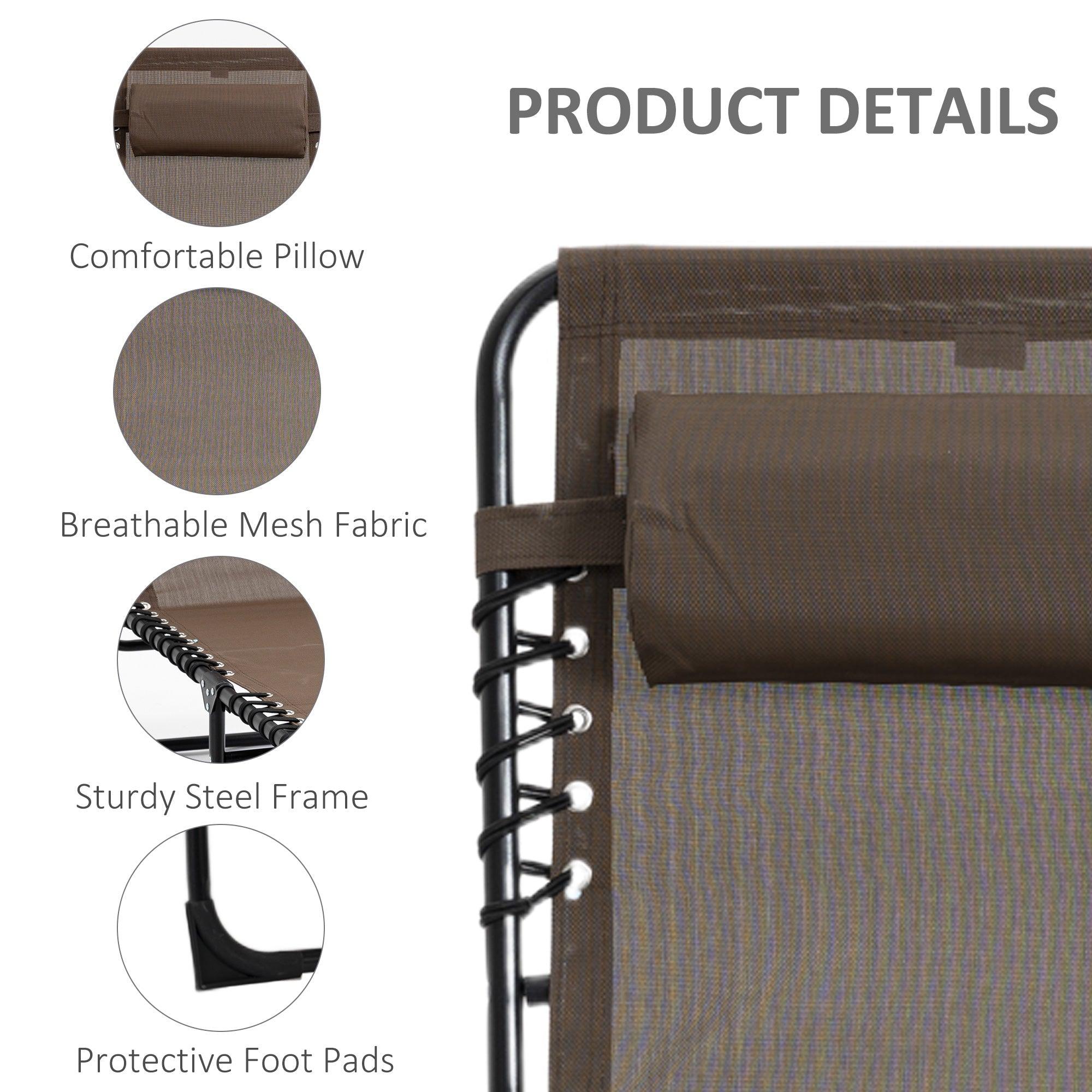 Reclining Lounge Chair, Portable Sun Lounger, Folding Camping Cot, with Adjustable Backrest and Removable Pillow, for Patio, Garden, Beach - Brown