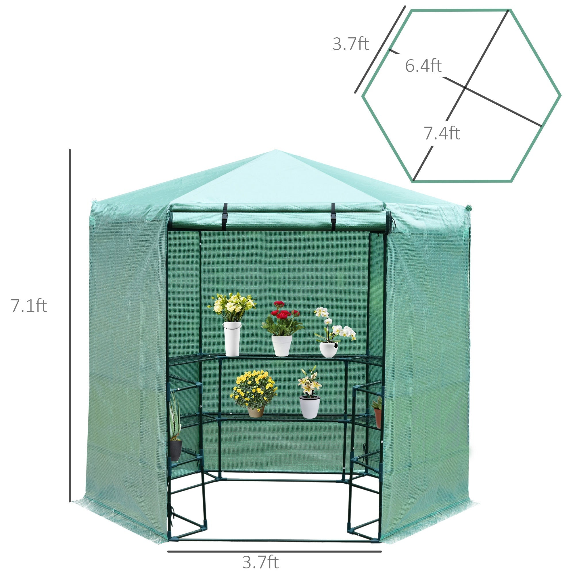 Walk-in Greenhouse Outdoor 3 Tier 10 Shelf Warm House Garden Hexagonal Hot House with Roll-Up Zipper Door & Steel Frame, Green