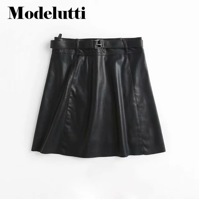 Modelutti 2023 New Spring Summer Fashion Leather Skirt Belt Women Black Solid Color Slim Simple All-match Casual Bottoms Female