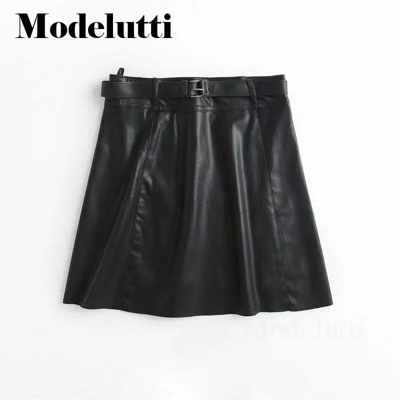 Modelutti 2023 New Spring Summer Fashion Leather Skirt Belt Women Black Solid Color Slim Simple All-match Casual Bottoms Female