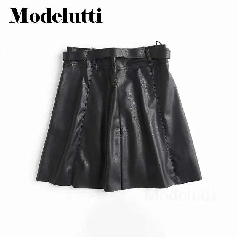 Modelutti 2023 New Spring Summer Fashion Leather Skirt Belt Women Black Solid Color Slim Simple All-match Casual Bottoms Female