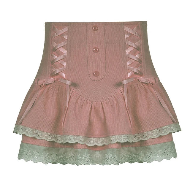 New Vintage Lolita Style Sweet Pink Lace Trim High Waist Mini Skirt Women Harajuku Korean Tie Up Pleated Skirt Double Layer Cute