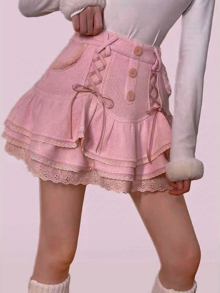 New Vintage Lolita Style Sweet Pink Lace Trim High Waist Mini Skirt Women Harajuku Korean Tie Up Pleated Skirt Double Layer Cute