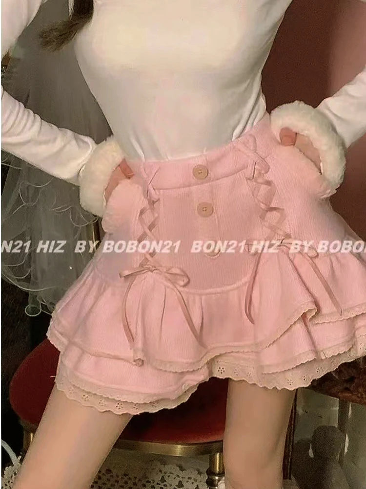 New Vintage Lolita Style Sweet Pink Lace Trim High Waist Mini Skirt Women Harajuku Korean Tie Up Pleated Skirt Double Layer Cute