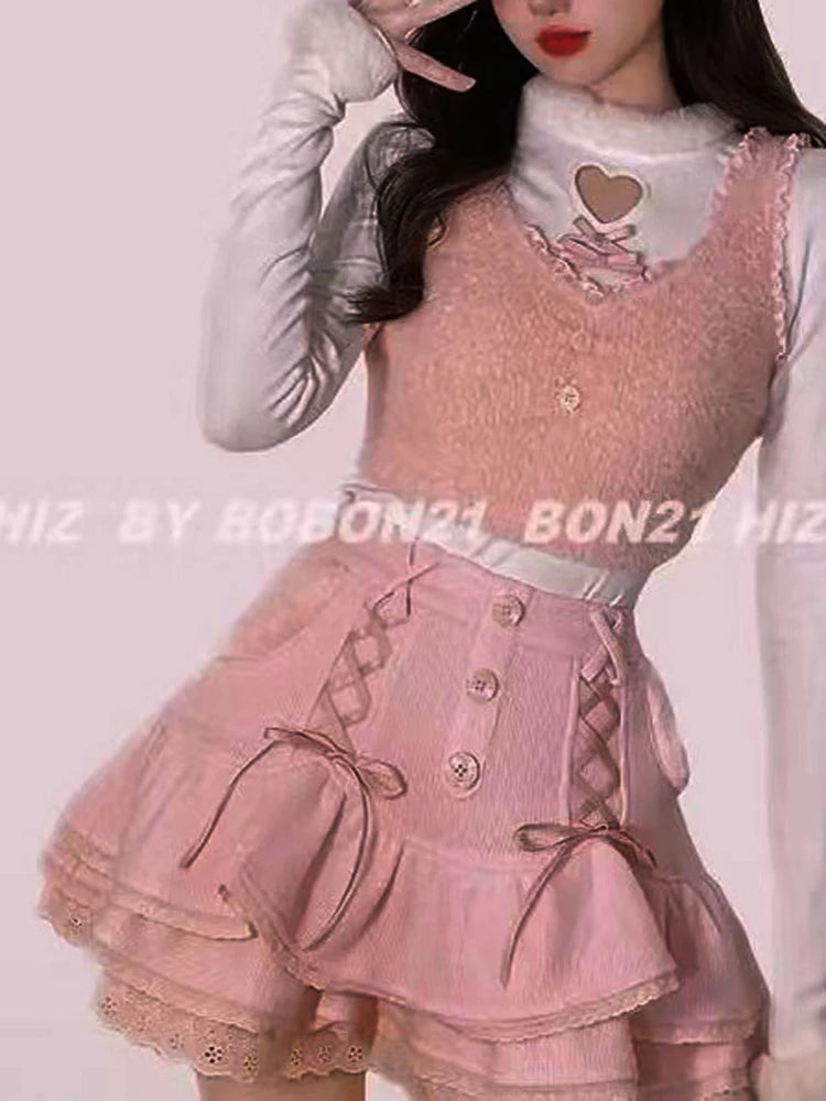 New Vintage Lolita Style Sweet Pink Lace Trim High Waist Mini Skirt Women Harajuku Korean Tie Up Pleated Skirt Double Layer Cute