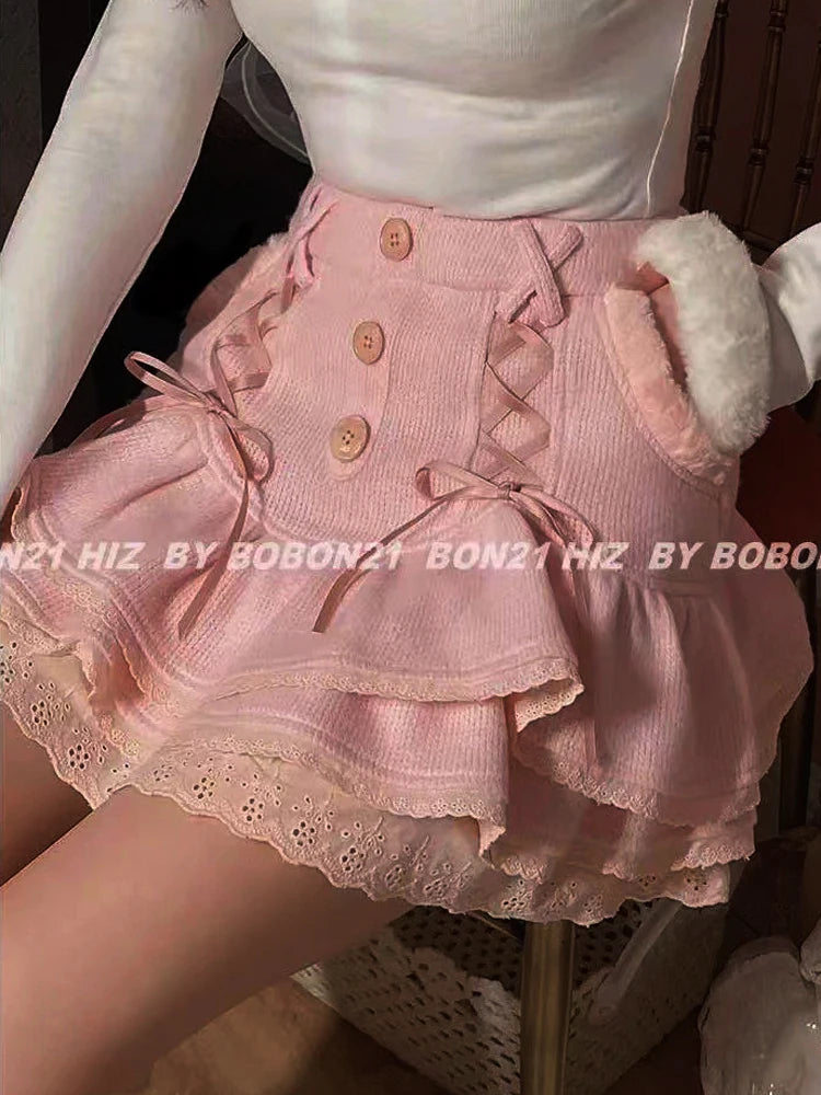 New Vintage Lolita Style Sweet Pink Lace Trim High Waist Mini Skirt Women Harajuku Korean Tie Up Pleated Skirt Double Layer Cute