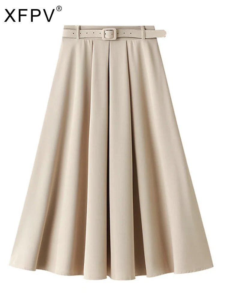 XFPV 2023 New Autumn Summer Vintage Chic High Waist Thin Faldas Women Casual Midi Long Fold A-line Skirt With Belt Tide SM1634