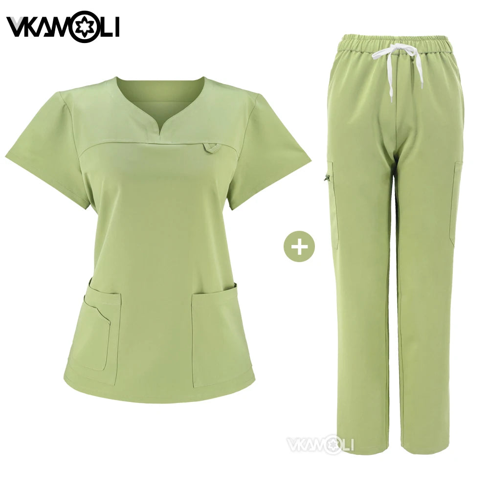 NEW Slim fitting elasticity scrubs sets Operating Room Medical Uniform scrubs uniform nurse women Solid color Surgery Suit