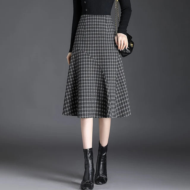 ZUZK Women  Patchwork Wrap Hip  Skirt Autumn Winter  High Waist Plaid Skirt Women Fashion Fishtail Design Mid -Length Skirt