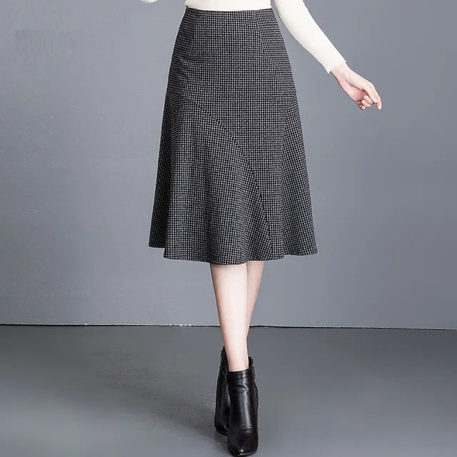 ZUZK Women  Patchwork Wrap Hip  Skirt Autumn Winter  High Waist Plaid Skirt Women Fashion Fishtail Design Mid -Length Skirt