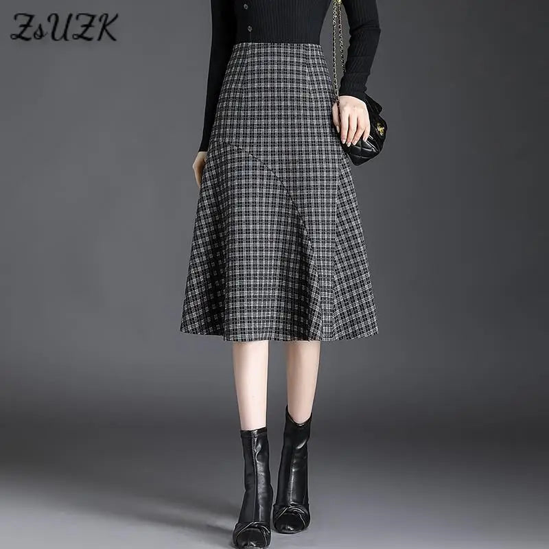 ZUZK Women  Patchwork Wrap Hip  Skirt Autumn Winter  High Waist Plaid Skirt Women Fashion Fishtail Design Mid -Length Skirt