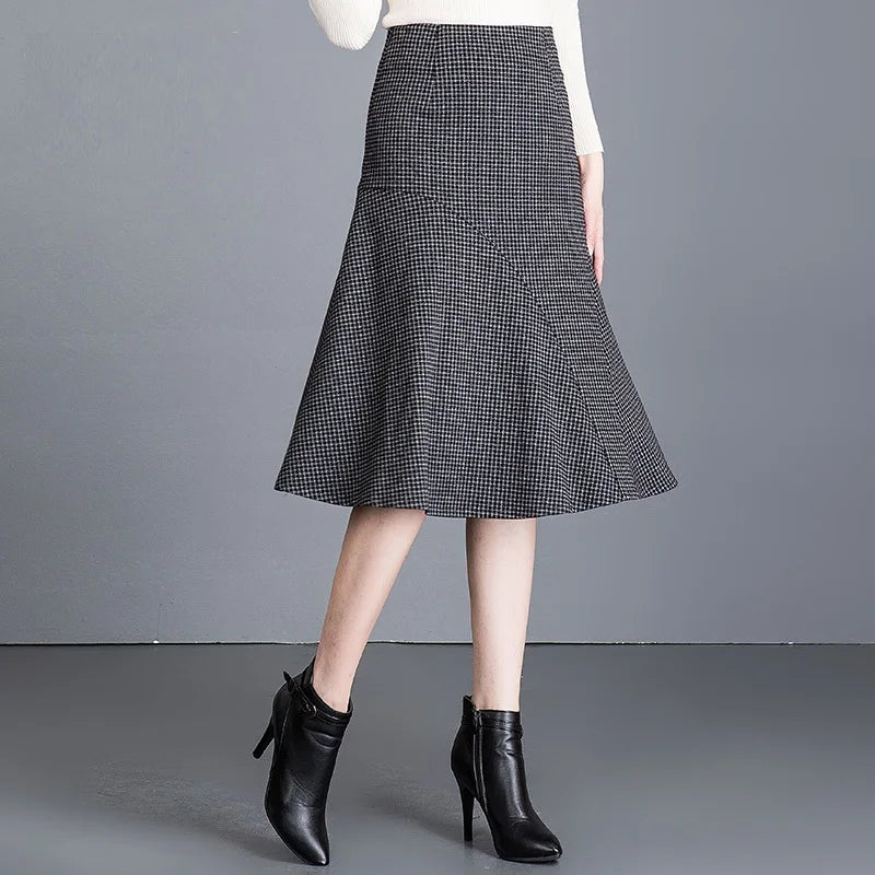 ZUZK Women  Patchwork Wrap Hip  Skirt Autumn Winter  High Waist Plaid Skirt Women Fashion Fishtail Design Mid -Length Skirt