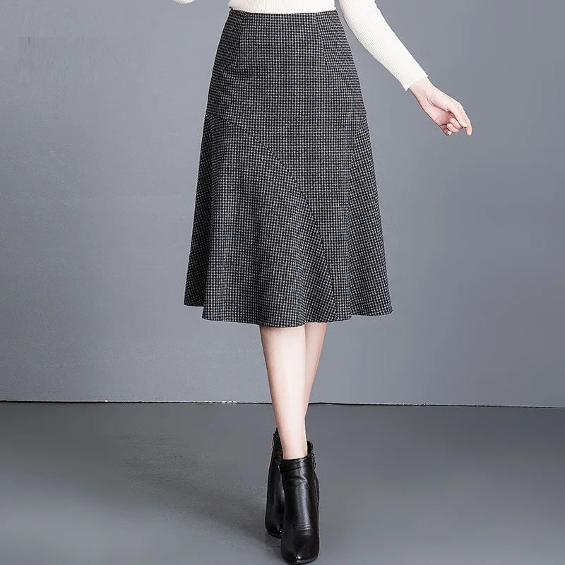 ZUZK Women  Patchwork Wrap Hip  Skirt Autumn Winter  High Waist Plaid Skirt Women Fashion Fishtail Design Mid -Length Skirt