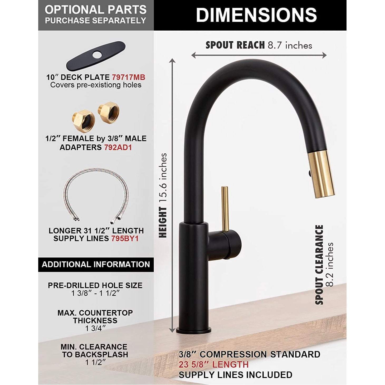 Darnok 79723BX Mia Kitchen Sink Faucet with Pull Down Sprayer, Matte Black/Luxe Gold