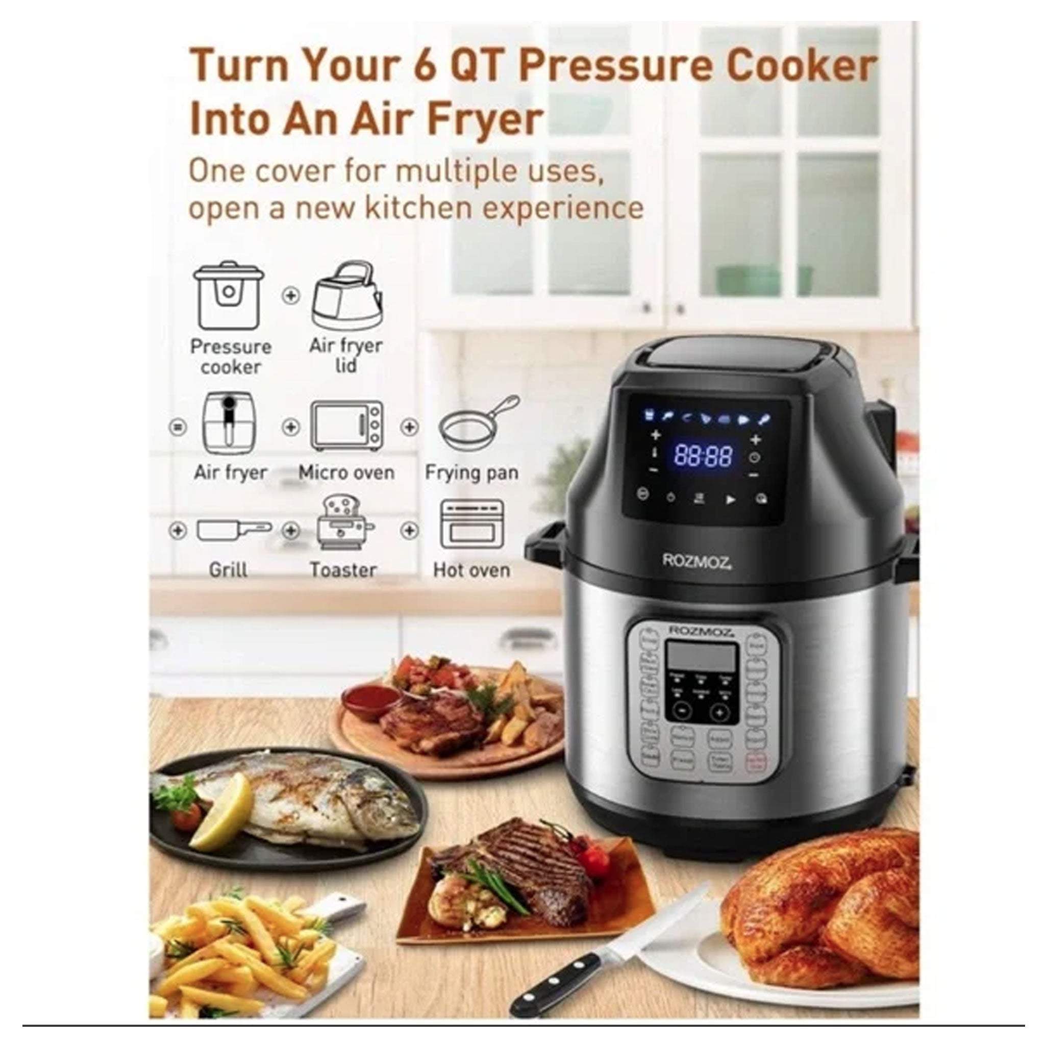 Rozmoz roaster pressure cooker air fryer instant pot lid black 6 Qt