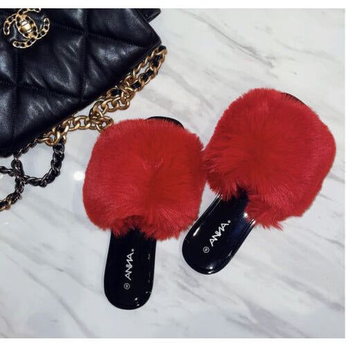 ANNA RENEE FUR JELLY SLIDES -RED or Pink