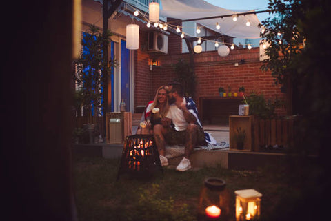 string lights around fire pit