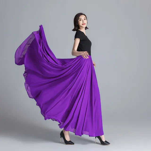 720 Degree Dance Skirt Pleated Long Skirt Women's Summer Solid Color High Waist Chiffon Long Skirt Large Swing Skirt
