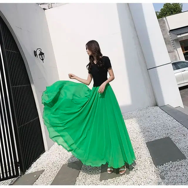 720 Degree Dance Skirt Pleated Long Skirt Women's Summer Solid Color High Waist Chiffon Long Skirt Large Swing Skirt