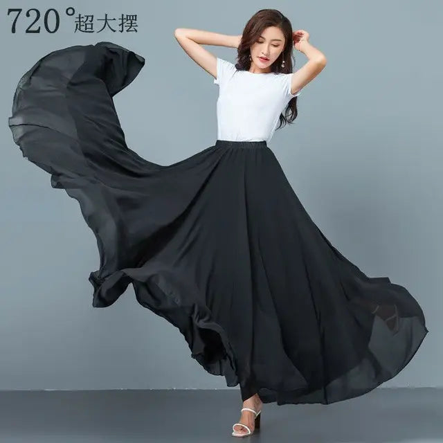 720 Degree Dance Skirt Pleated Long Skirt Women's Summer Solid Color High Waist Chiffon Long Skirt Large Swing Skirt
