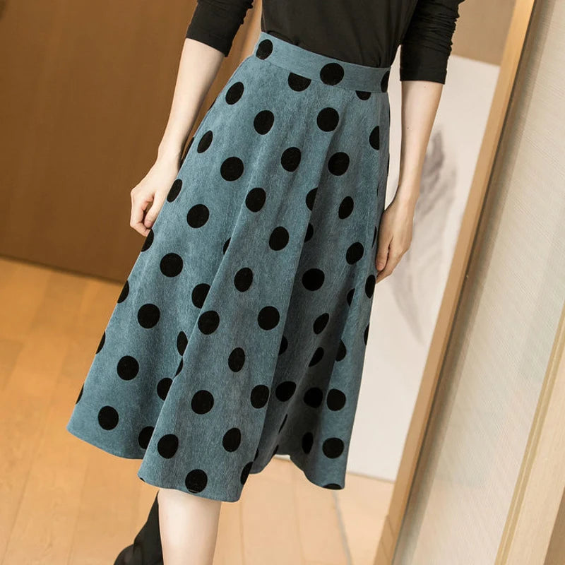 HI-FASHION Women Casual Skirt 2023 Spring Autumn Korean Simple French Elegant Retro Office Dot Designed Female Corduroy Skirts