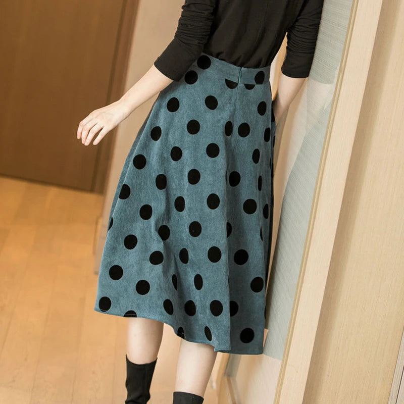 HI-FASHION Women Casual Skirt 2023 Spring Autumn Korean Simple French Elegant Retro Office Dot Designed Female Corduroy Skirts