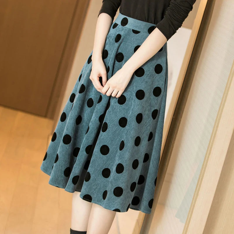 HI-FASHION Women Casual Skirt 2023 Spring Autumn Korean Simple French Elegant Retro Office Dot Designed Female Corduroy Skirts