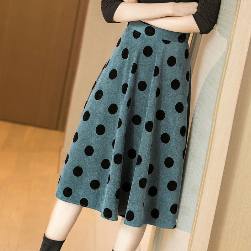 HI-FASHION Women Casual Skirt 2023 Spring Autumn Korean Simple French Elegant Retro Office Dot Designed Female Corduroy Skirts