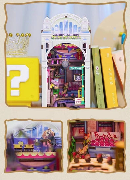 Zootopia DIY Book Nook Kit, a miniature crafts inspired by the film "Zootopia" with rich detailed scenes, iconic characters, sensor light, and easy snap-in design, perfect for 3D puzzles bookend lovers, model building lovers, dollhouse collectors, bookshelf insert decor, A great DIY project for Zootopia fans.