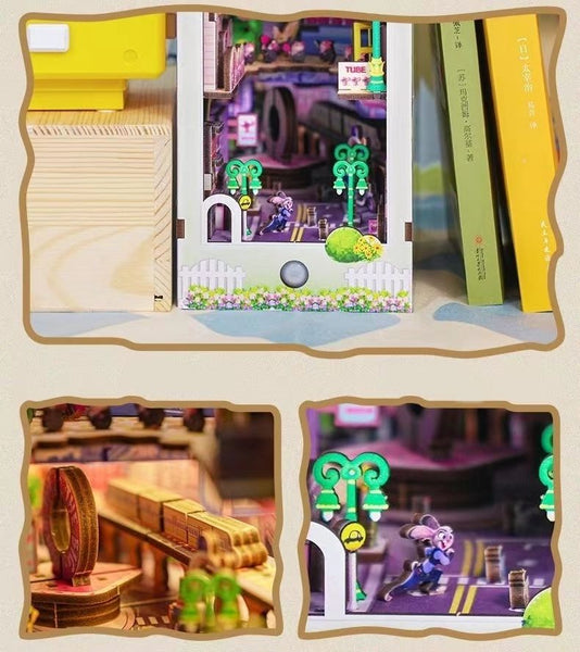 Zootopia DIY Book Nook Kit, a miniature crafts inspired by the film "Zootopia" with rich detailed scenes, iconic characters, sensor light, and easy snap-in design, perfect for 3D puzzles bookend lovers, model building lovers, dollhouse collectors, bookshelf insert decor, A great DIY project for Zootopia fans.