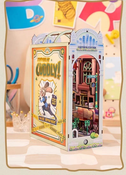 Zootopia DIY Book Nook Kit, a miniature crafts inspired by the film "Zootopia" with rich detailed scenes, iconic characters, sensor light, and easy snap-in design, perfect for 3D puzzles bookend lovers, model building lovers, dollhouse collectors, bookshelf insert decor, A great DIY project for Zootopia fans.