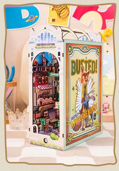 Zootopia DIY Book Nook Kit, a miniature crafts inspired by the film "Zootopia" with rich detailed scenes, iconic characters, sensor light, and easy snap-in design, perfect for 3D puzzles bookend lovers, model building lovers, dollhouse collectors, bookshelf insert decor, A great DIY project for Zootopia fans.