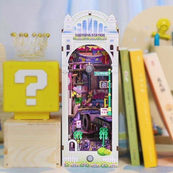 Zootopia DIY Book Nook Kit, a miniature crafts inspired by the film "Zootopia" with rich detailed scenes, iconic characters, sensor light, and easy snap-in design, perfect for 3D puzzles bookend lovers, model building lovers, dollhouse collectors, bookshelf insert decor, A great DIY project for Zootopia fans.