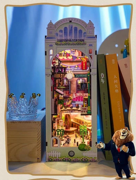 Zootopia DIY Book Nook Kit, a miniature crafts inspired by the film "Zootopia" with rich detailed scenes, iconic characters, sensor light, and easy snap-in design, perfect for 3D puzzles bookend lovers, model building lovers, dollhouse collectors, bookshelf insert decor, A great DIY project for Zootopia fans.
